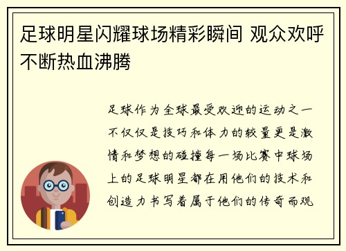 足球明星闪耀球场精彩瞬间 观众欢呼不断热血沸腾