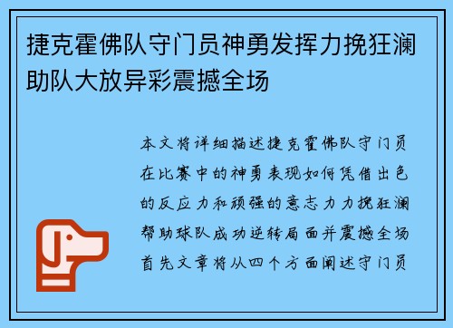 捷克霍佛队守门员神勇发挥力挽狂澜助队大放异彩震撼全场