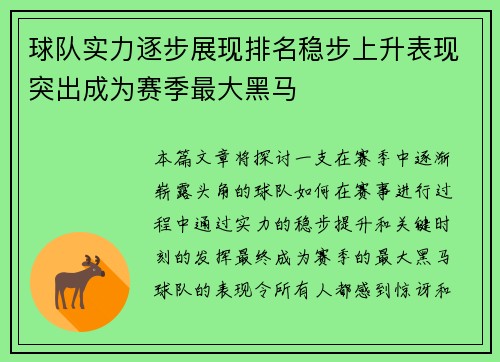 球队实力逐步展现排名稳步上升表现突出成为赛季最大黑马