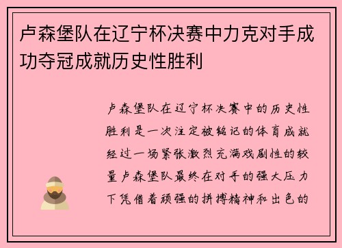 卢森堡队在辽宁杯决赛中力克对手成功夺冠成就历史性胜利