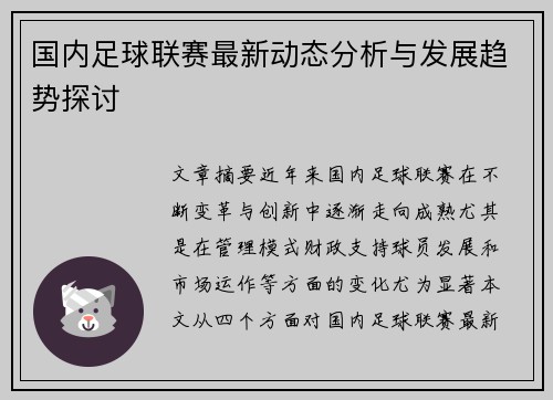 国内足球联赛最新动态分析与发展趋势探讨