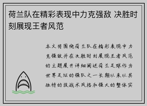 荷兰队在精彩表现中力克强敌 决胜时刻展现王者风范