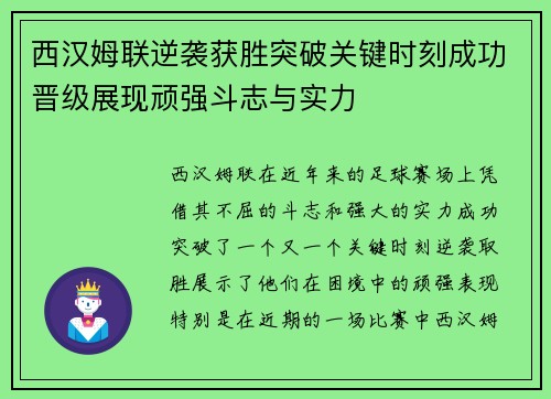 西汉姆联逆袭获胜突破关键时刻成功晋级展现顽强斗志与实力