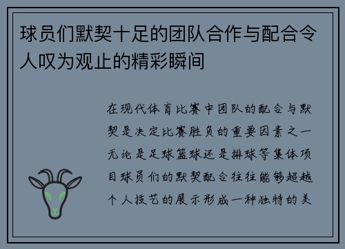 球员们默契十足的团队合作与配合令人叹为观止的精彩瞬间