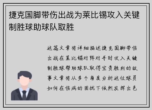 捷克国脚带伤出战为莱比锡攻入关键制胜球助球队取胜