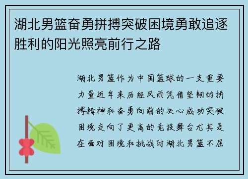 湖北男篮奋勇拼搏突破困境勇敢追逐胜利的阳光照亮前行之路