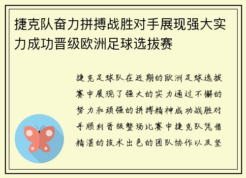捷克队奋力拼搏战胜对手展现强大实力成功晋级欧洲足球选拔赛